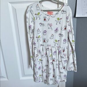 Girls White Halloween Dog Print Long Sleeve Dress
